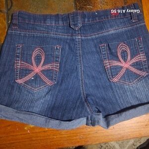 Women’s Dark Indigo Denim Cuffed Jean Shorts with Red Stitching